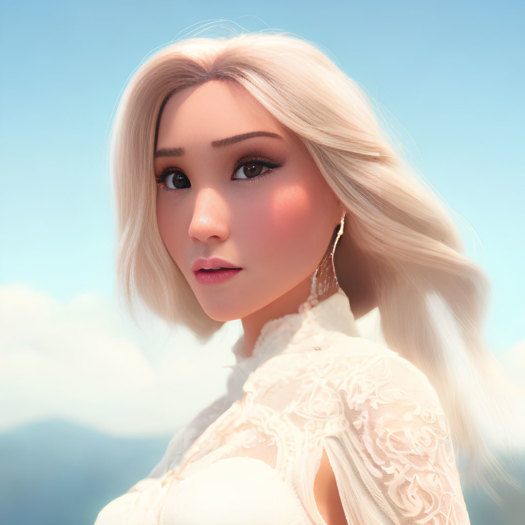 Platinum Blonde Woman in White Lace Top with Mountain Background