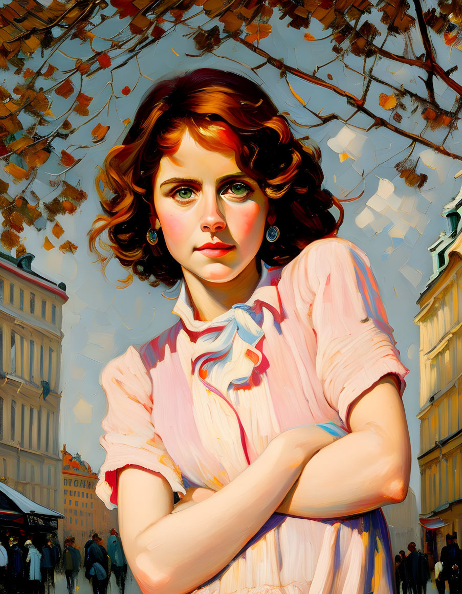 Portrait of Woman with Red Hair and Green Eyes in Pink Dress Surrounded by Autumn Leaves and City Street