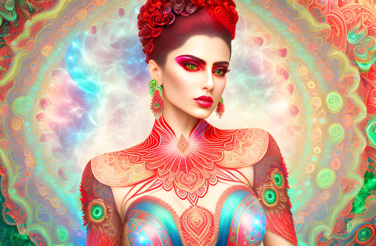 Colorful digital portrait of a woman with red henna designs and ornate jewelry on a psychedelic background