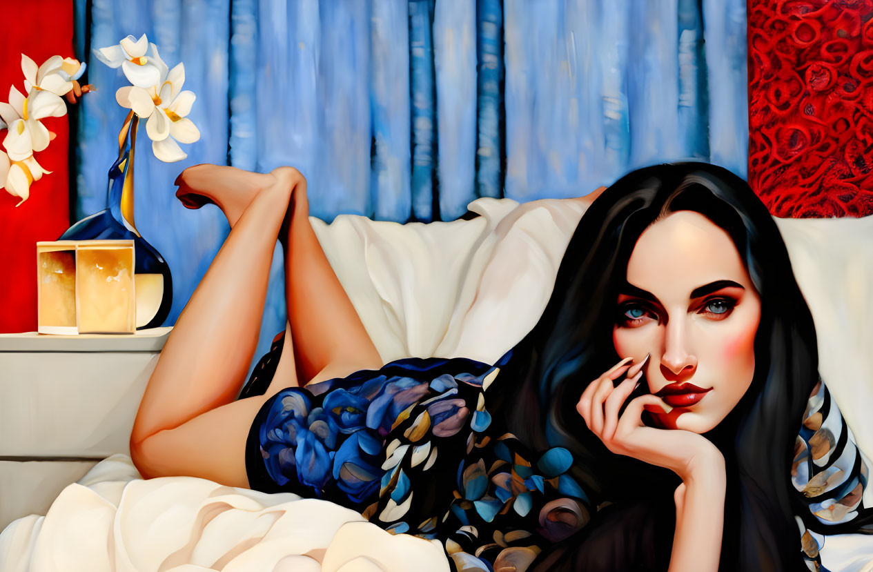 Portrait of a Woman with Dark Hair and Blue Eyes in Stylized Painting