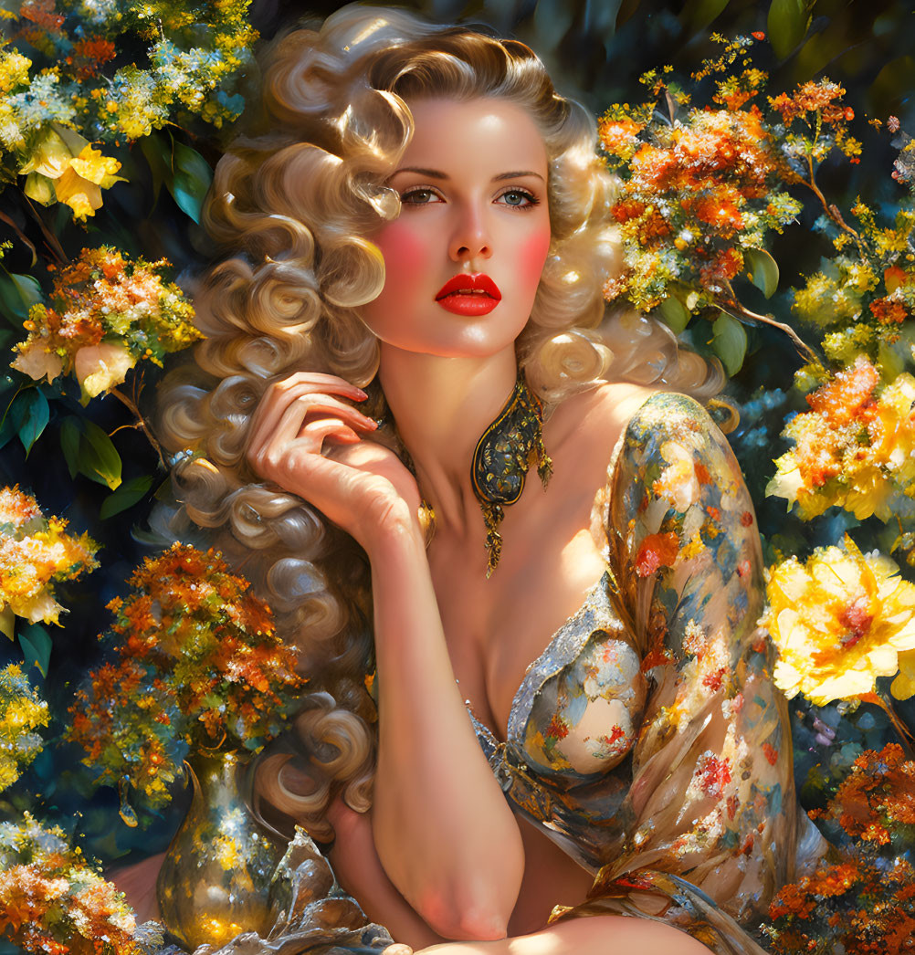 Curly blonde hair person in shimmery gown among orange blossoms