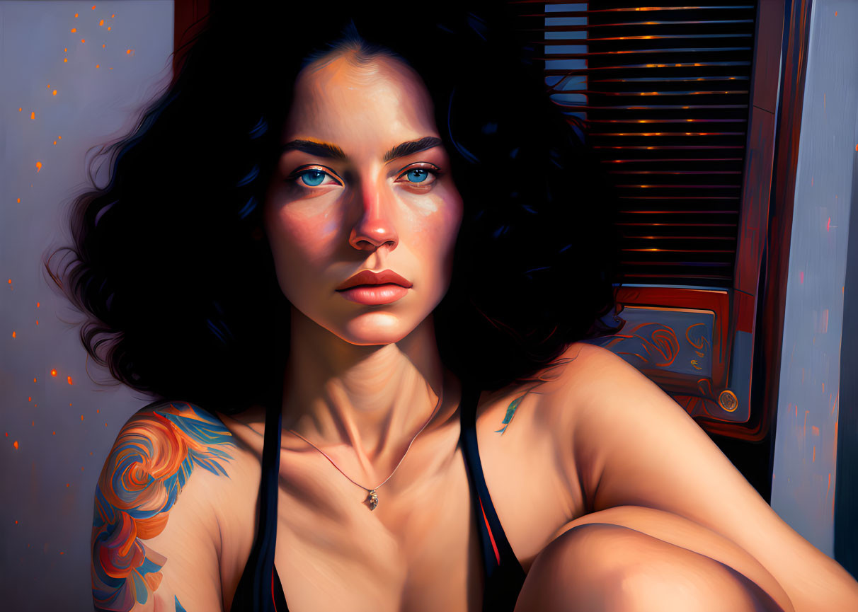 Digital painting of woman with dark hair, blue eyes, arm tattoo, warm light, jukebox