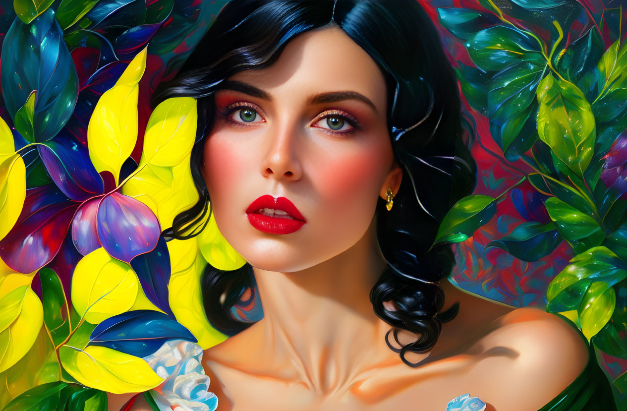 Dark-haired woman with red lips surrounded by vibrant leaves and adorned with earrings and flower details.