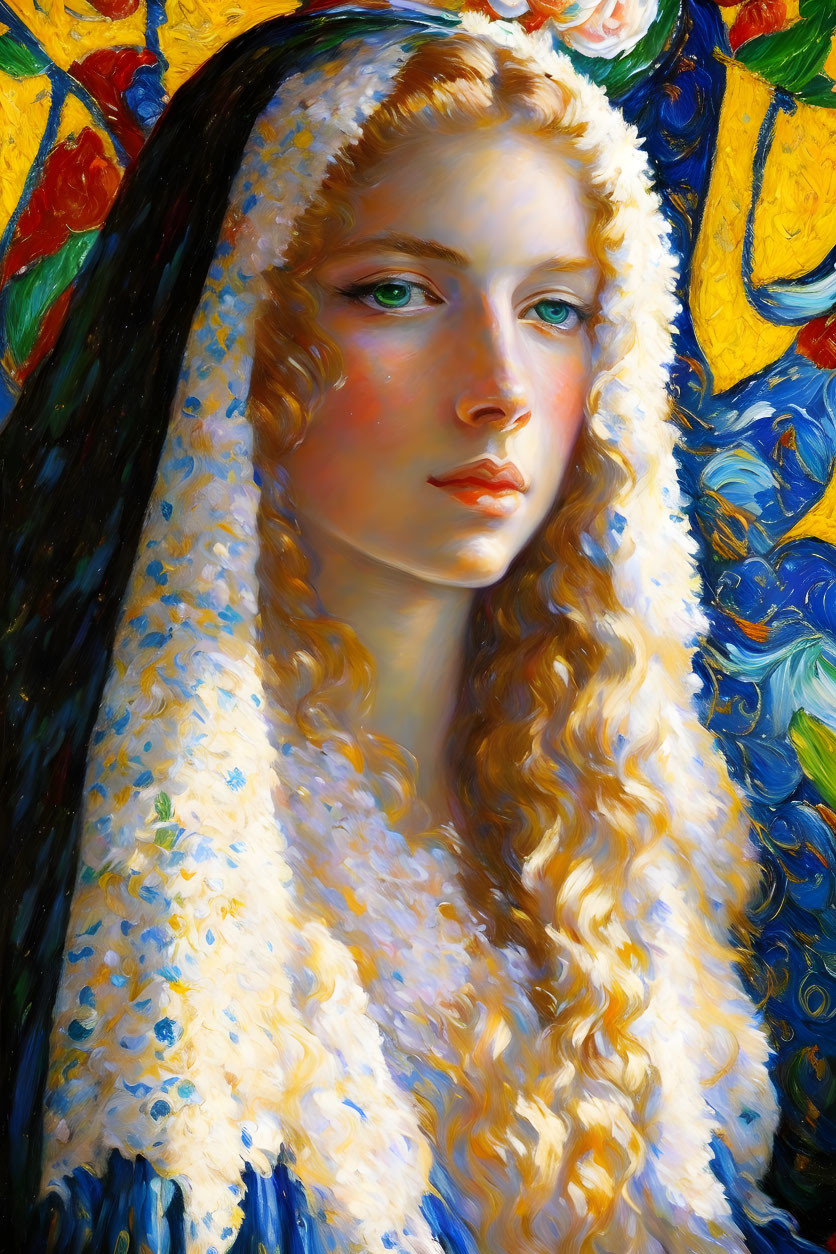 Vivid painting of woman with golden hair and blue cloak on floral background