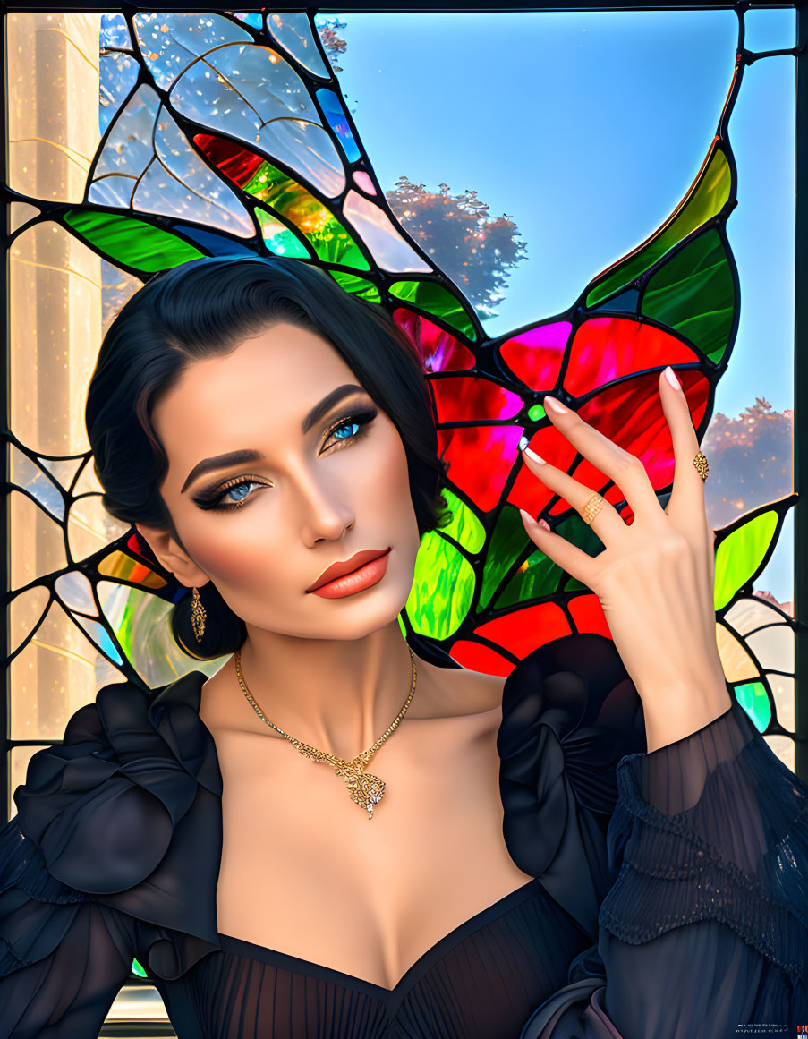 Dark-haired woman in black outfit and gold jewelry by stained-glass window