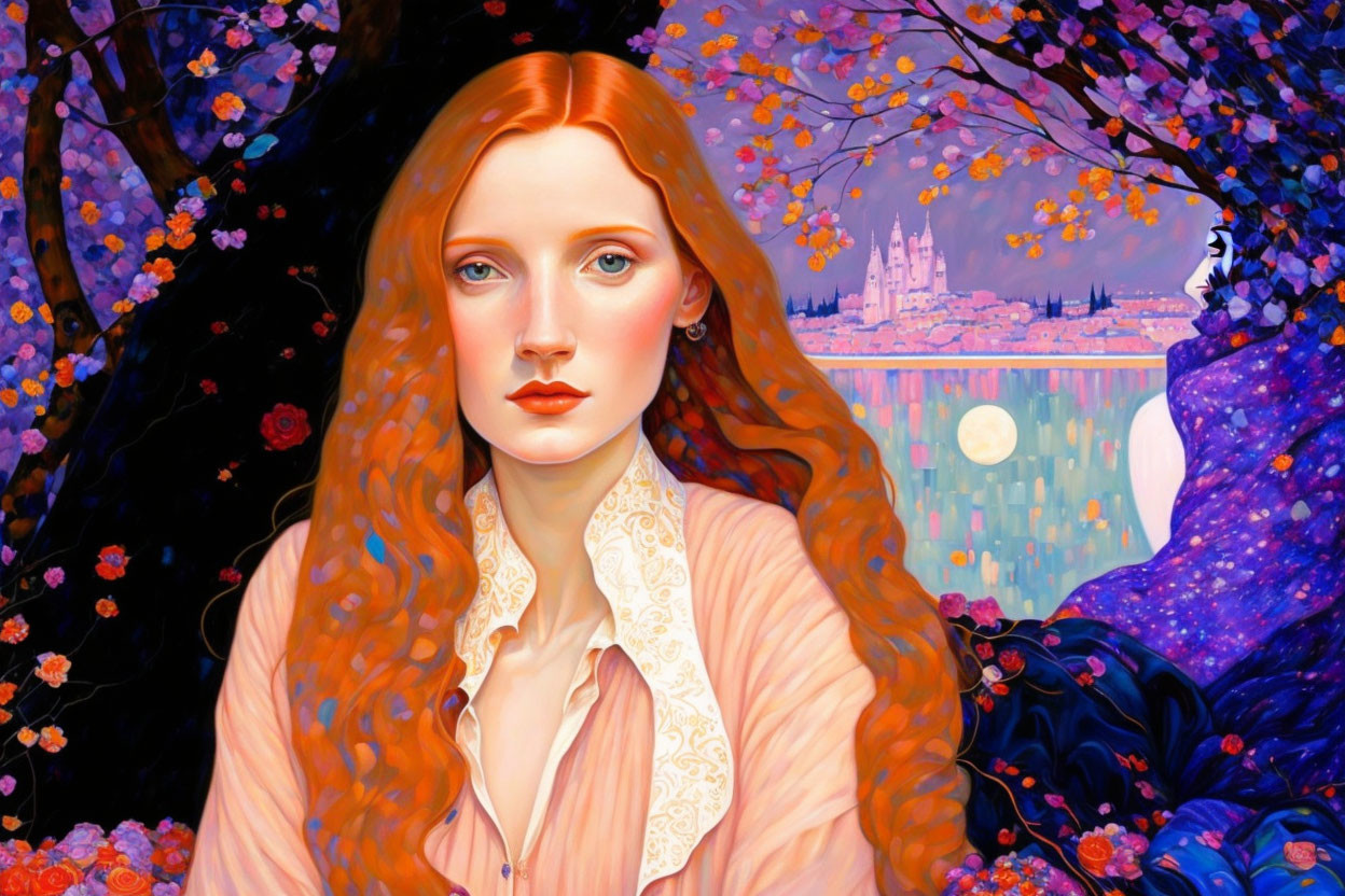 Red-haired woman portrait with blue eyes in front of vibrant nature scene