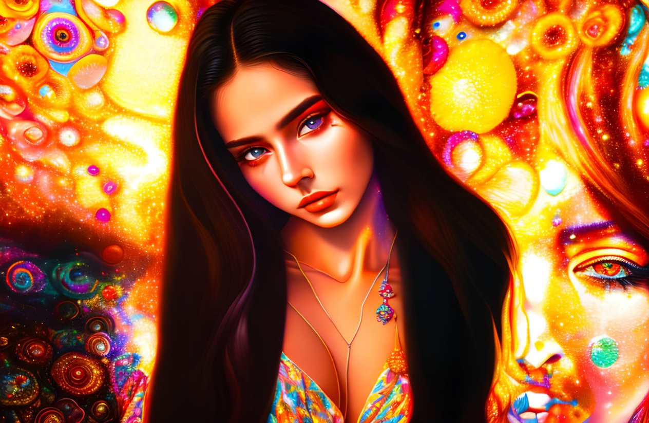 Colorful digital artwork: Woman with glowing skin and blue eyes in vibrant psychedelic setting