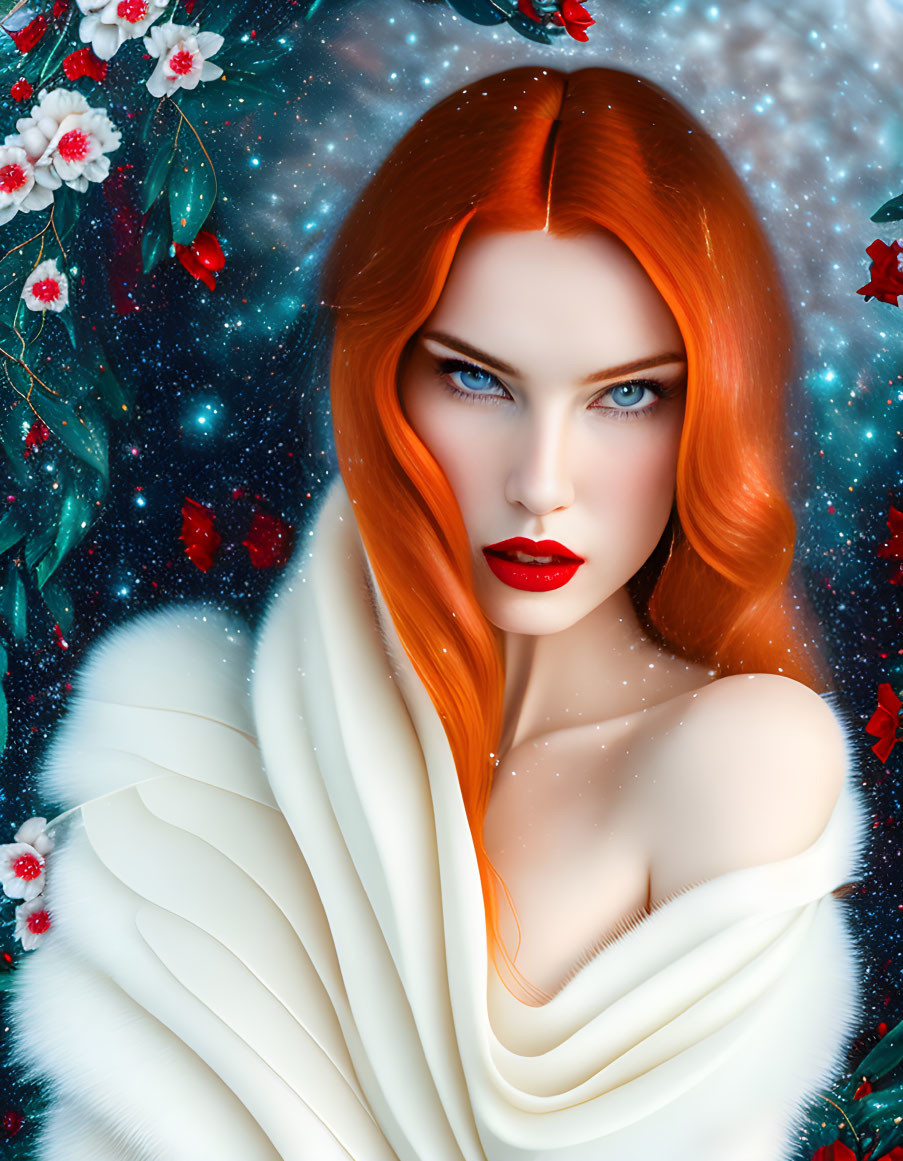 Digital art portrait of woman with red hair, blue eyes, flowers, stars, white garment