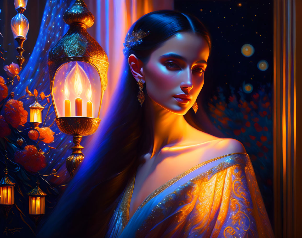 Dark-haired woman with jeweled accessory in warm lantern light and starry night background