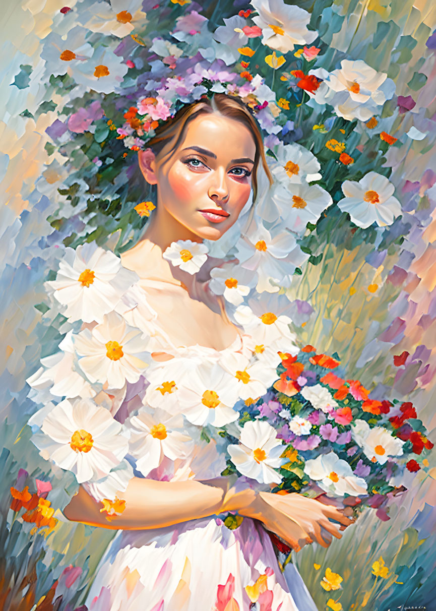 Colorful painting of woman with flowers, serene expression