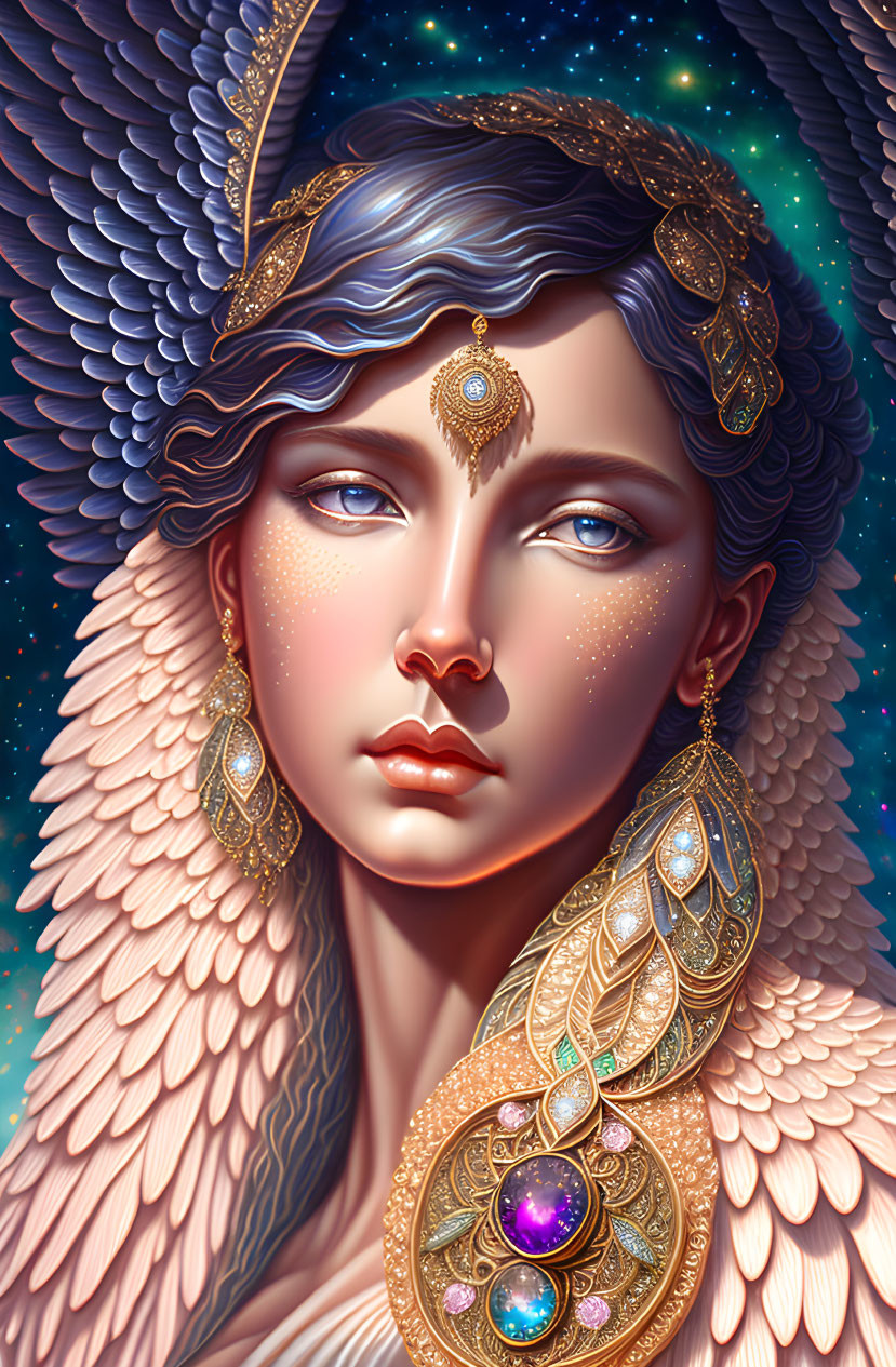 Detailed Fantasy-Themed Woman Artwork with Jewelry and Feathers