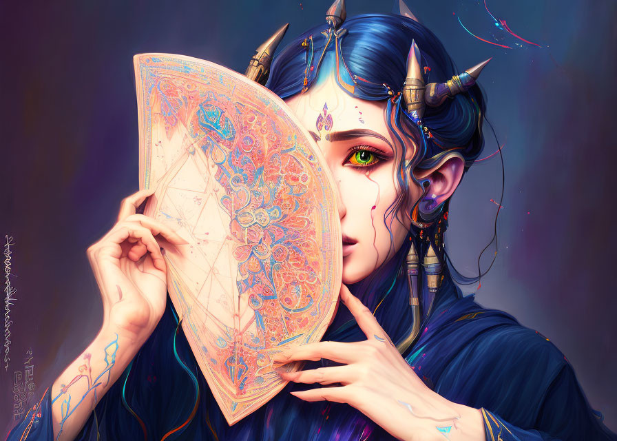 Fantasy elf with blue hair, green eyes, ornate fan, tattoos, and intricate jewelry.