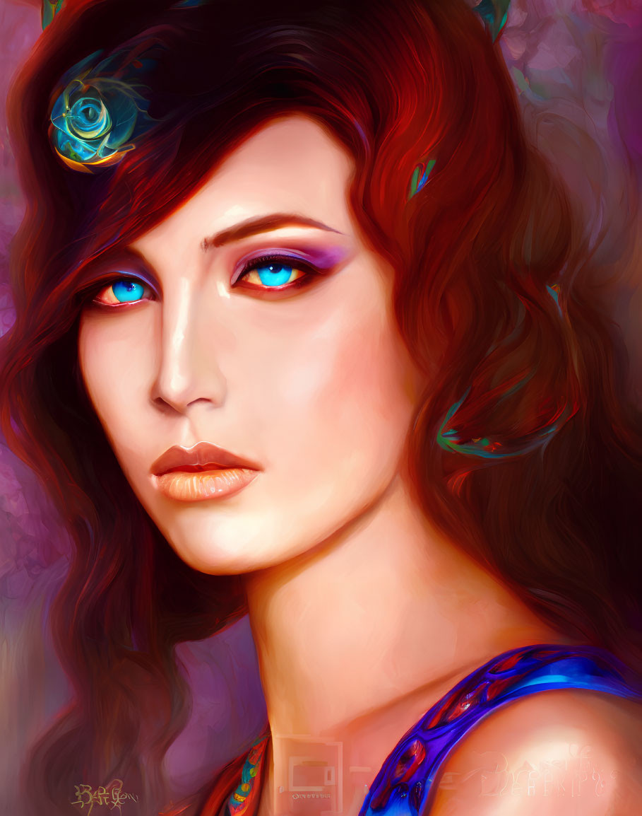 Colorful digital painting of a woman with blue eyes and floral headpiece