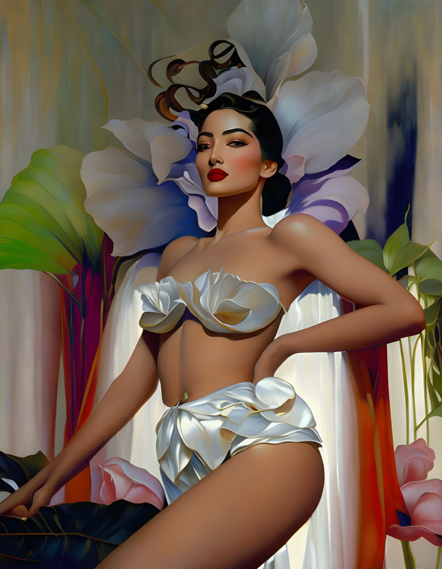 Stylized digital artwork: Dark-haired woman in white petal-like attire amidst oversized flowers