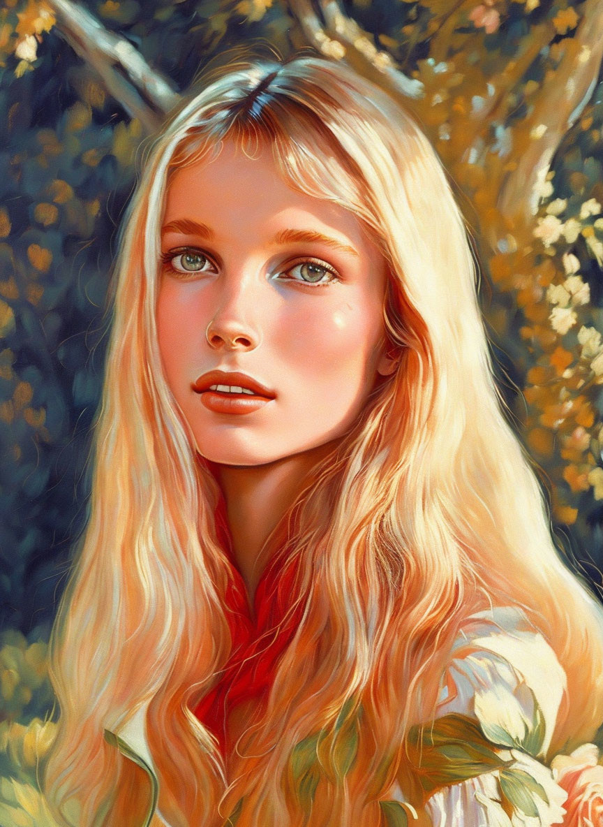 Young woman with long blonde hair in nature setting.