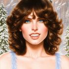 Digital portrait of woman with brown hair and blue eyes in white fur against snowy chalet.