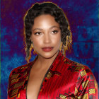 Elegant woman with braided hair in pearl-adorned gown on blue backdrop