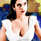 Dark-haired woman in white dress with red lipstick on stylized golden background