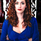 Portrait of a woman with red curly hair and bright red lipstick in blue top against red and white backdrop
