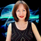 Stylized digital artwork of woman with auburn hair in blue dress against cosmic backdrop