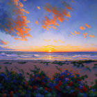 Impressionistic painting: Vibrant sunset over calm sea and beach with green foliage.