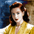 Portrait of a Woman in Yellow Dress with Blue Eyes and Curly Brown Hair against Starry Background