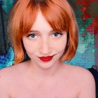 Portrait of woman with red lips and auburn hair on abstract background