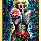 Colorful portrait of a person with blond hair among roses, tattoos, and bold makeup.