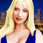 Illustrated portrait of a blonde woman with blue eyes in blue top, holding flowers, against cityscape