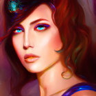 Colorful digital painting of a woman with blue eyes and floral headpiece