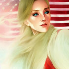 Blonde Woman in Red Clothing on American Flag Background