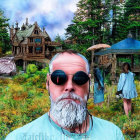 Man with sunglasses, two women, tiger sculpture, whimsical house, and gazebo in enchanted forest
