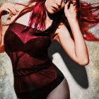 Digital artwork: Red-haired woman in corset with blue eye shadow against patterned backdrop