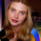 Digital artwork featuring a girl with blue eyes, freckles, golden light, and a bluebird