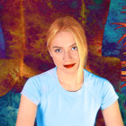 Blond Woman Portrait in Blue Top with Colorful Background