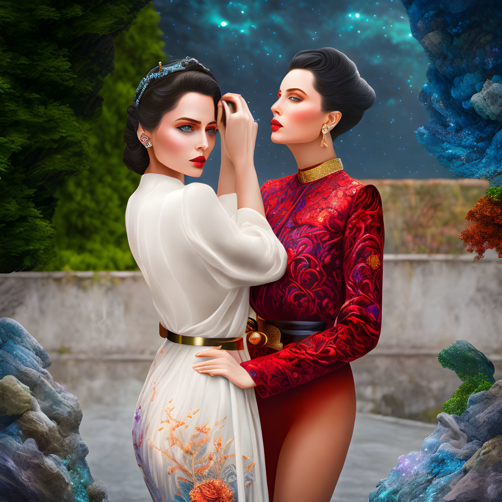 Digital Artwork: Two Women in Elegant Dresses with Cosmic and Nature-Inspired Backgrounds