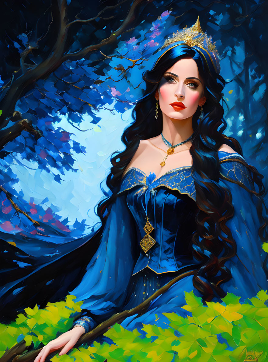 Regal woman with long black hair and crown in blue forest setting