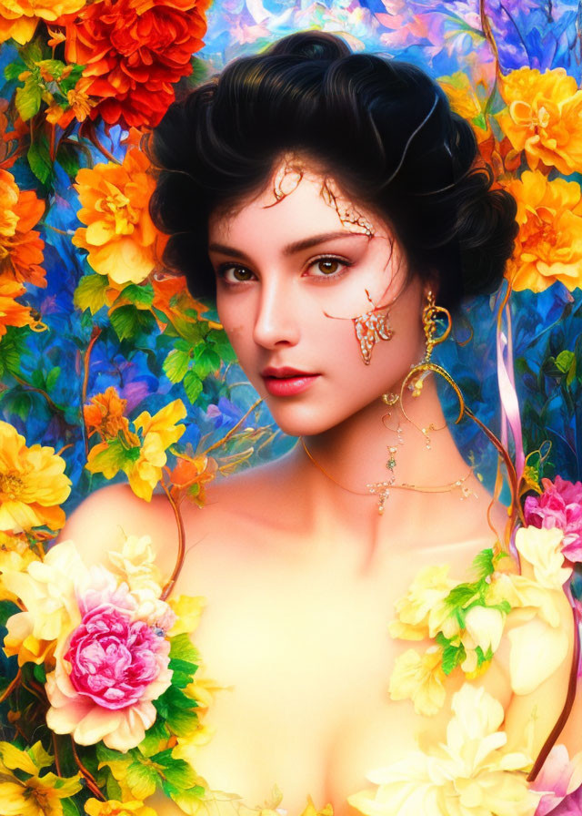 Woman adorned with gold facial jewelry among vibrant flowers in yellow and orange hues, against a blue backdrop