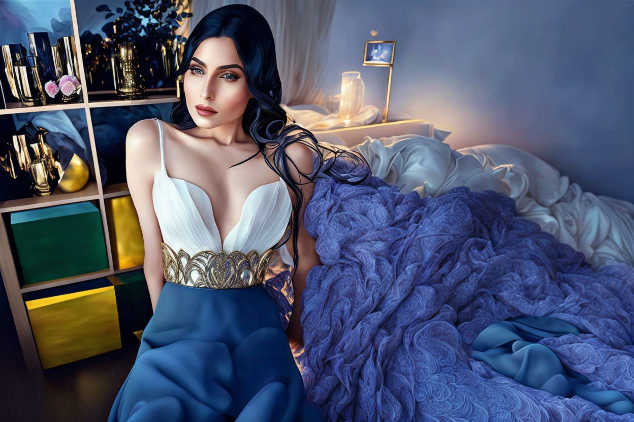 Stylized illustration of woman in blue dress on bed with violet blanket