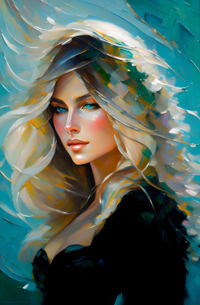 Vibrant portrait of woman with flowing blonde hair and blue eyes