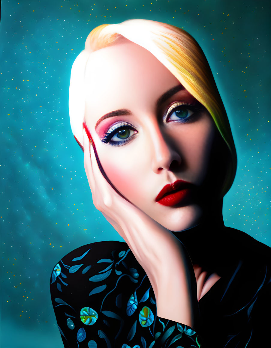 Portrait of woman with platinum blonde hair, bold red lips, and starry backdrop