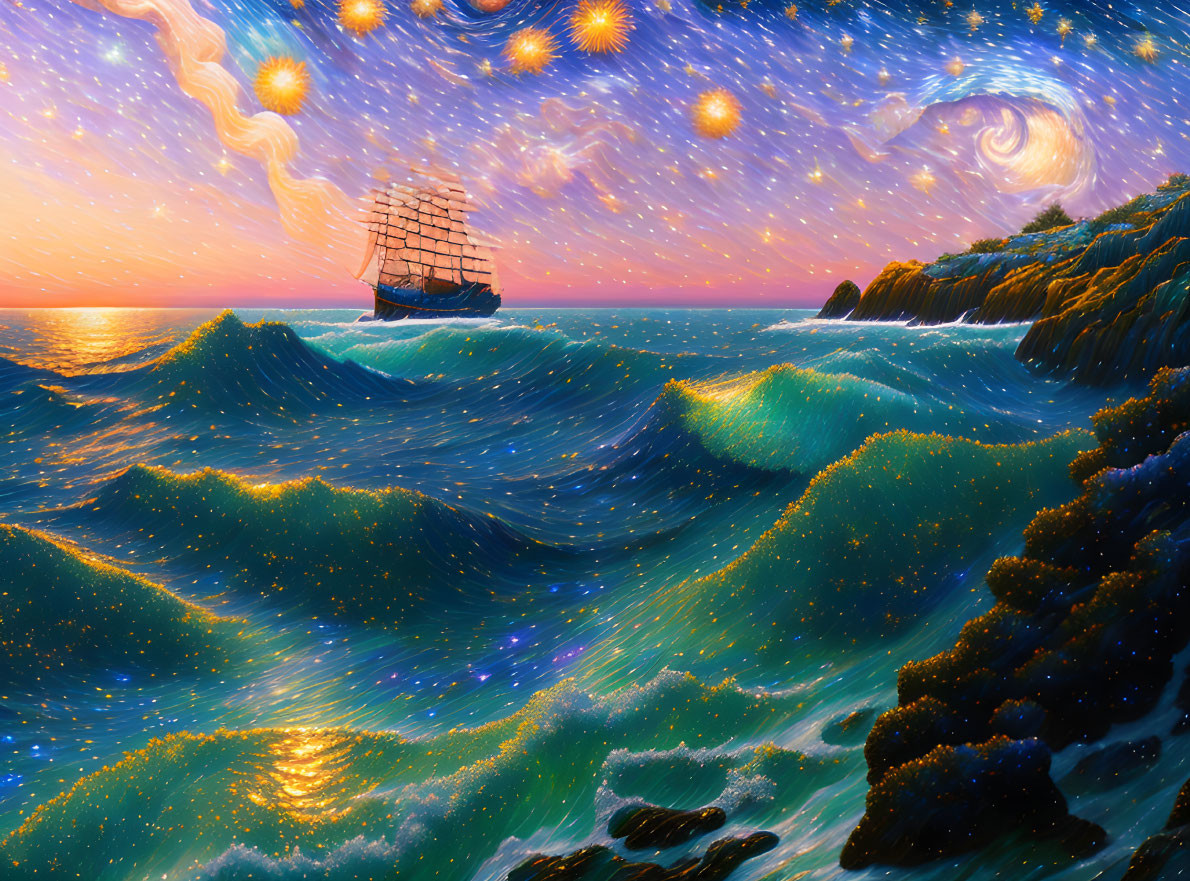 Sailing ship on starry night sky with swirling clouds