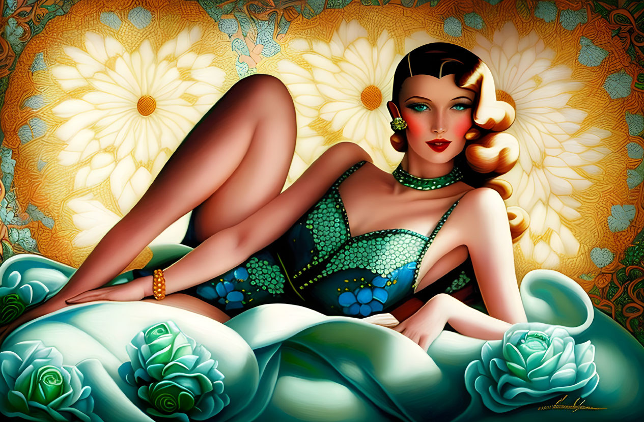 Illustrative Woman Reclining with Floral Motifs in Vibrant Colors