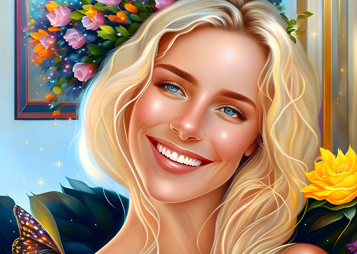 Blond Woman Surrounded by Flowers and Butterflies