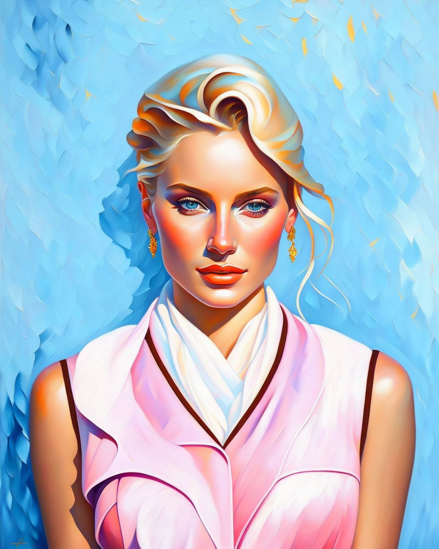 Blonde Woman Portrait with Blue Eyes and Pink Blouse