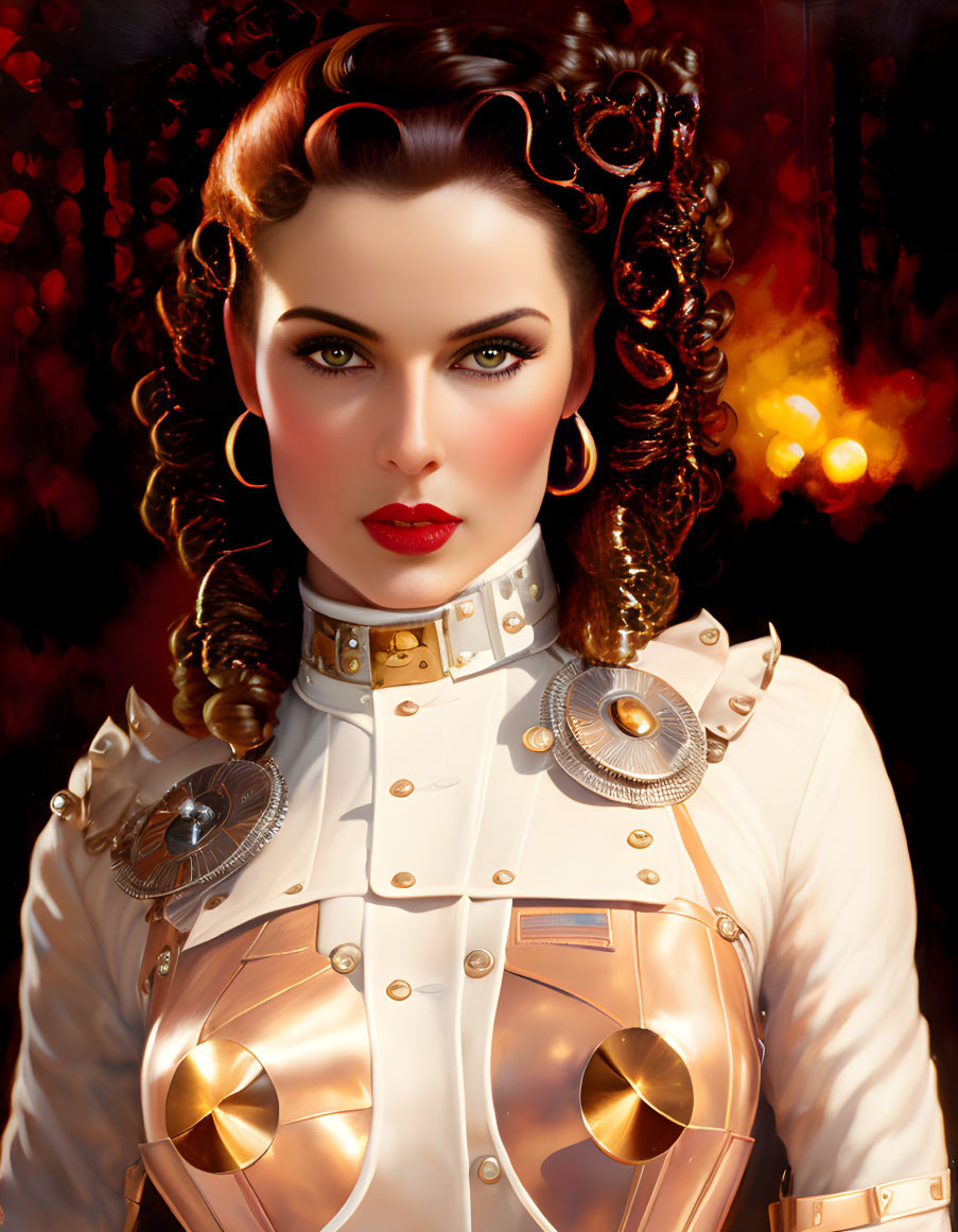 Futuristic digital artwork of a woman in white and gold outfit on fiery background