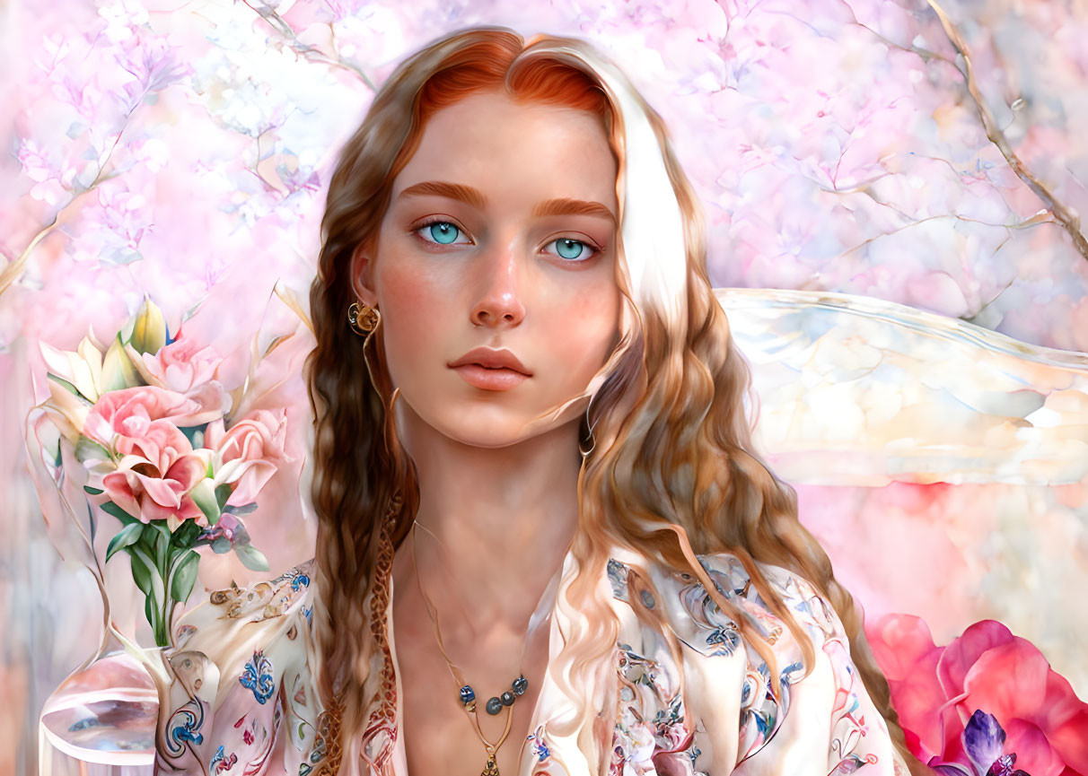 Digital artwork: Woman with red hair and blue eyes in floral attire against pink blossoms