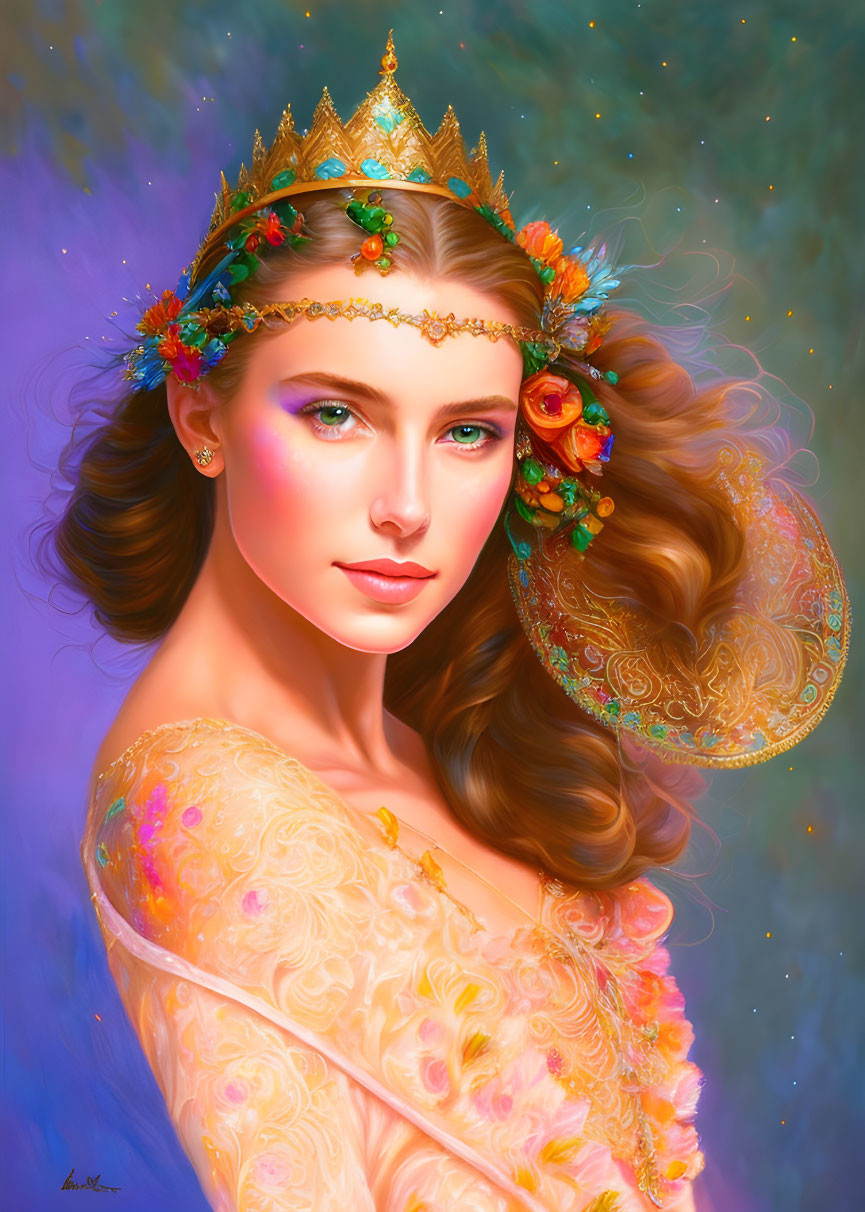 Digital portrait of woman with floral crown and flowing hair in yellow dress against purple starry backdrop