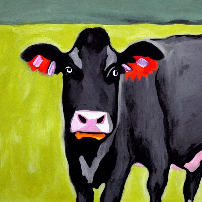 Stylized black cow painting with red ear tags on green and grey background