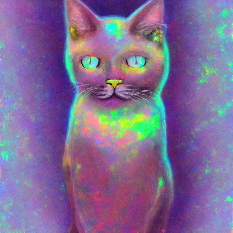 Colorful cat with neon-like texture and blue eyes on psychedelic background